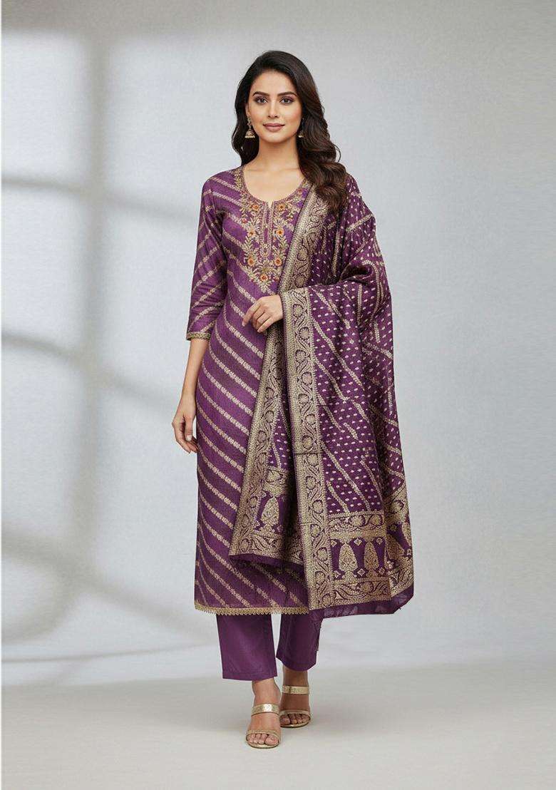 Lavender Embroidery Silk Salwar Kameez - Indya