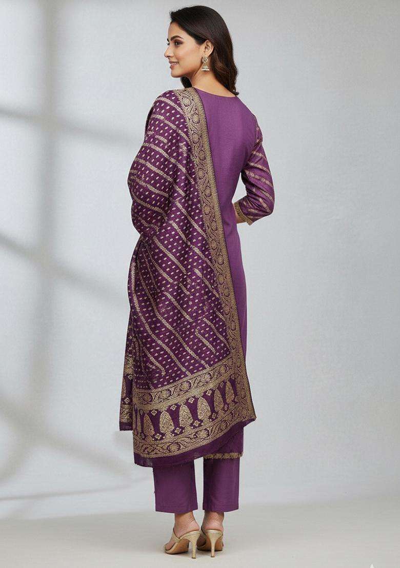 Lavender Embroidery Silk Salwar Kameez - Indya