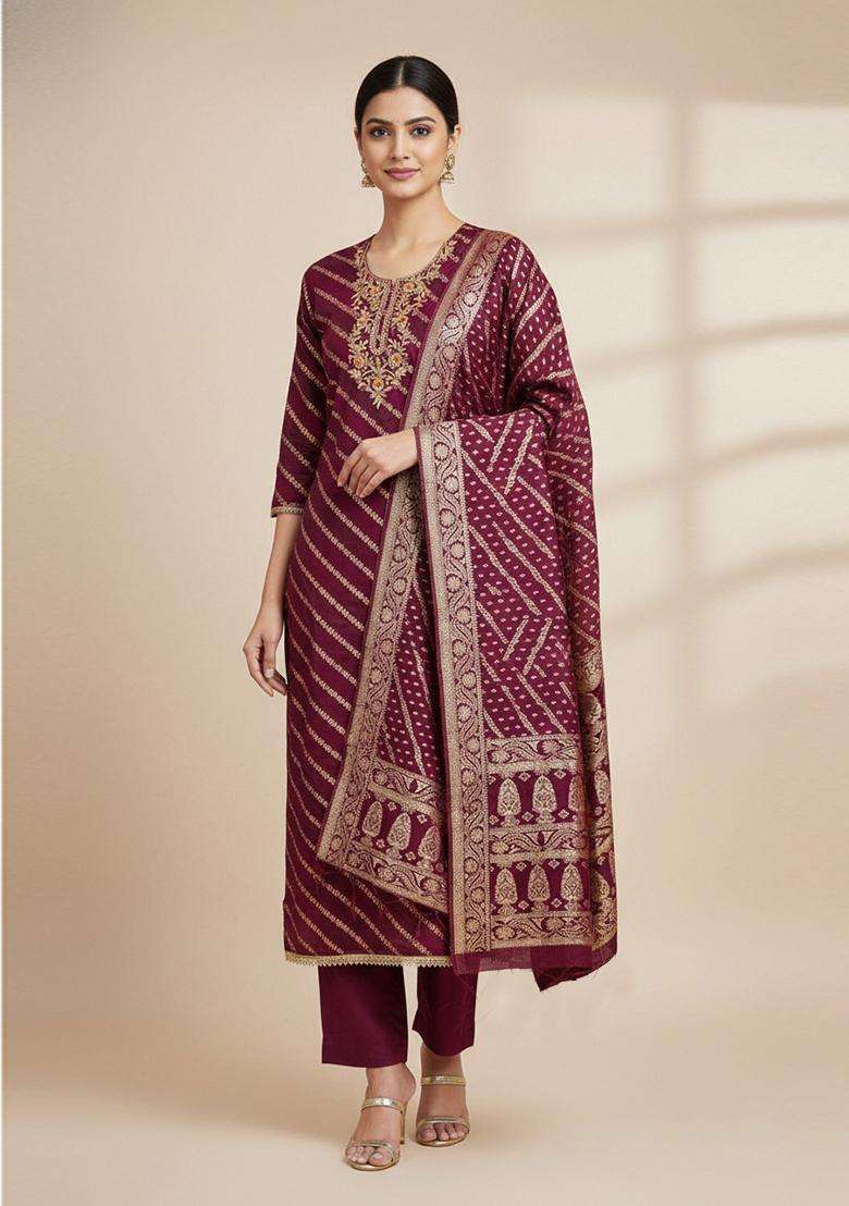 Magenta Embroidery Silk Salwar Kameez - Indya