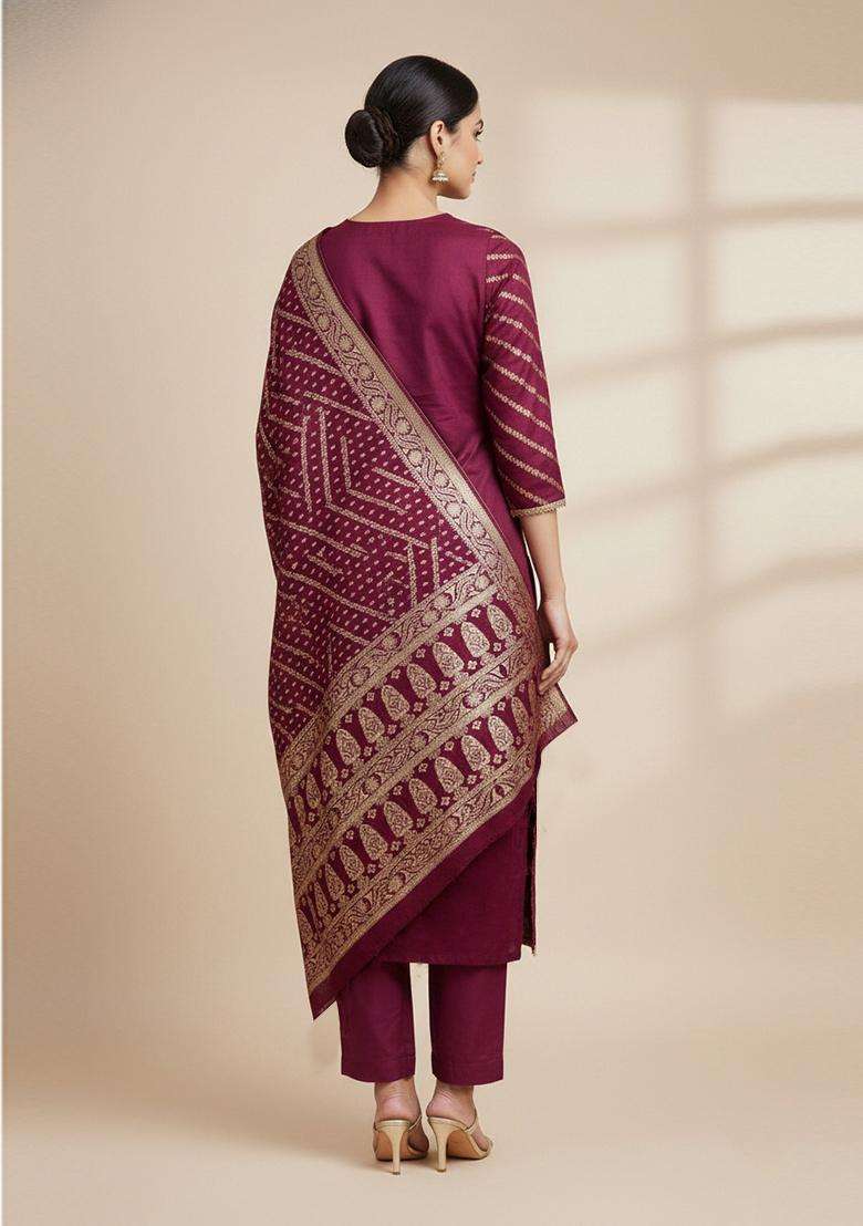 Magenta Embroidery Silk Salwar Kameez - Indya