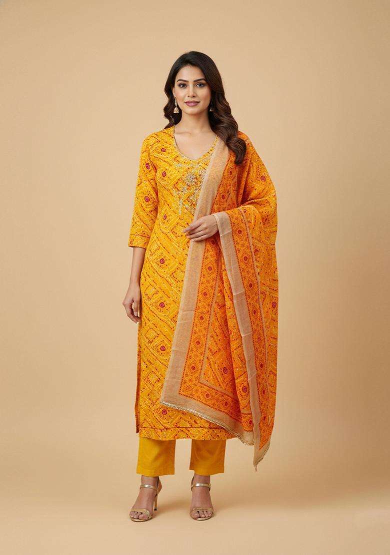 Gold Embroidery Cotton Salwar Kameez - Indya