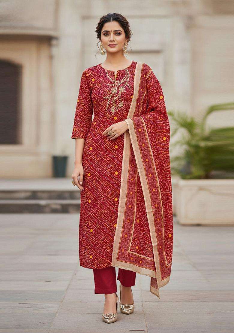 maroon Embroidery Cotton Salwar Kameez - Indya