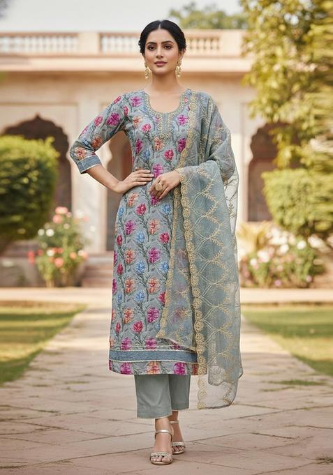 Grey Embroidery Organza Salwar Kameez