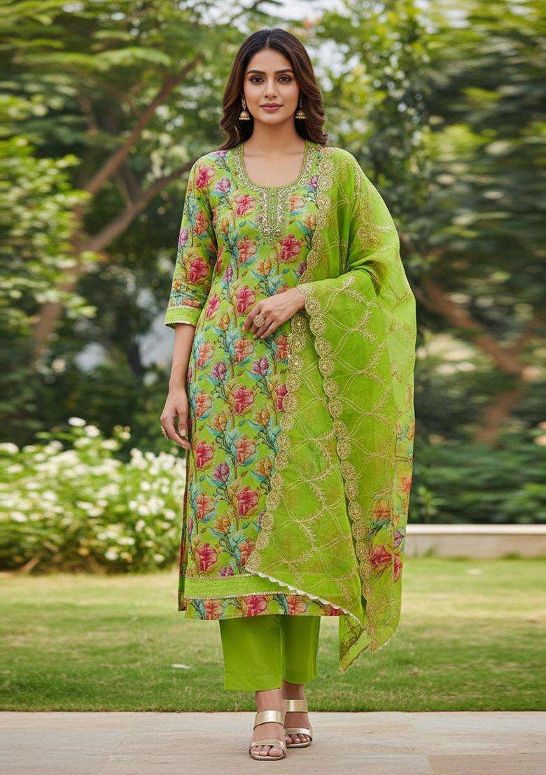Green Embroidery Organza Salwar Kameez - Indya