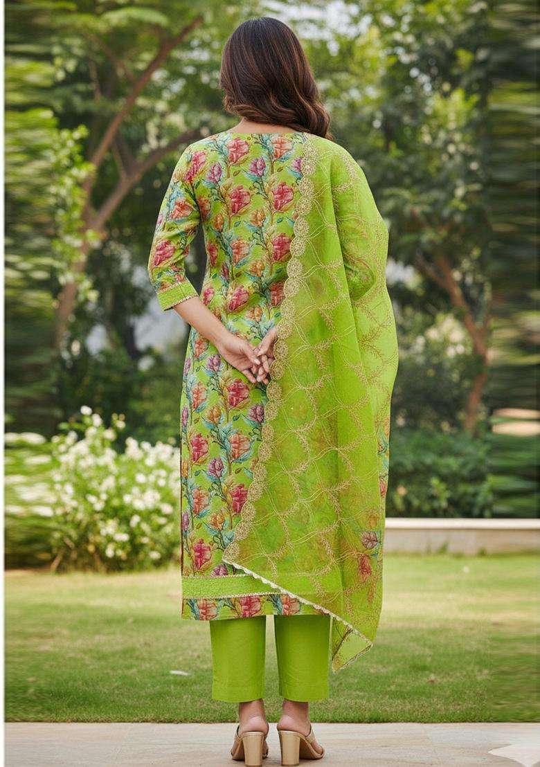 Green Embroidery Organza Salwar Kameez - Indya