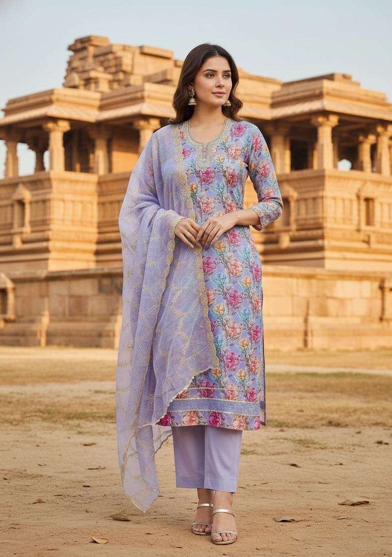 Lavender Embroidery Organza Salwar Kameez - Indya