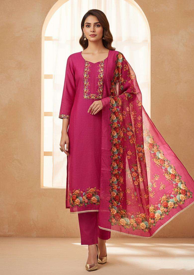 Magenta Embroidery Silk Salwar Kameez - Indya
