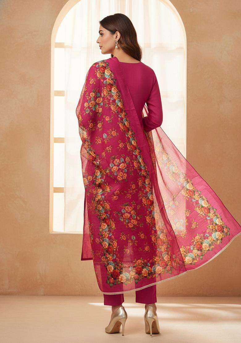 Magenta Embroidery Silk Salwar Kameez - Indya