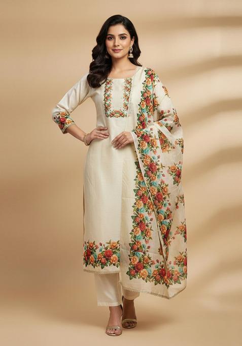 Off White Embroidery Silk Salwar Kameez