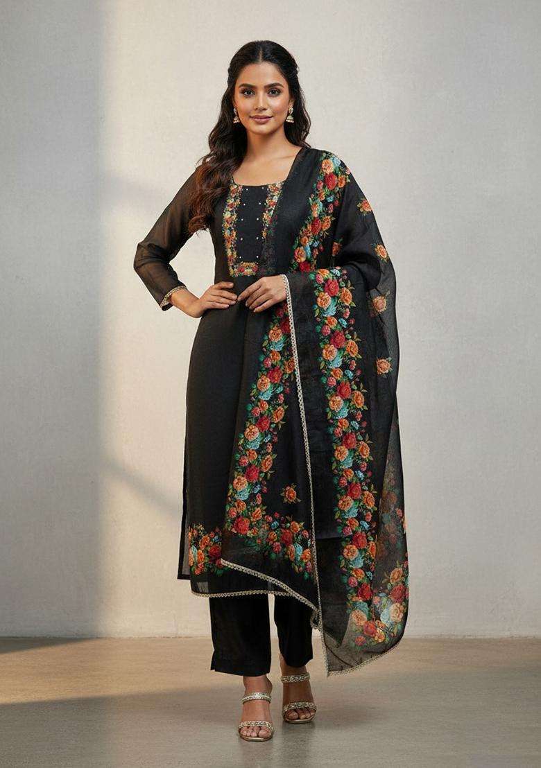 Black Embroidery Silk Salwar Kameez - Indya