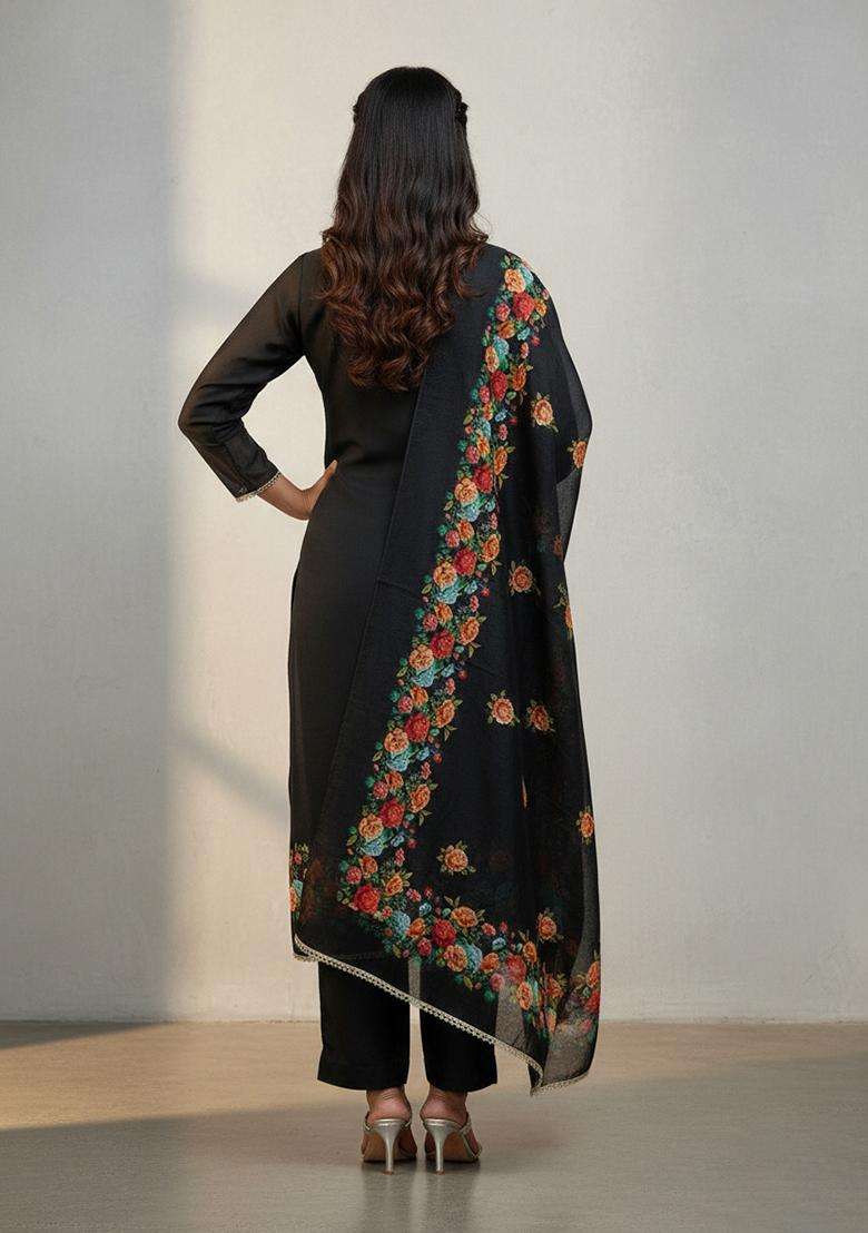 Black Embroidery Silk Salwar Kameez - Indya