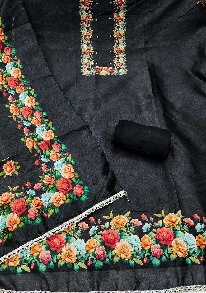 Black Embroidery Silk Salwar Kameez - Indya
