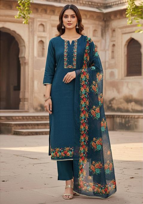 Blue Embroidery Silk Salwar Kameez