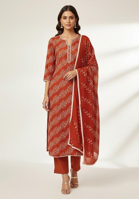 Rust Embroidery Cotton Salwar Kameez
