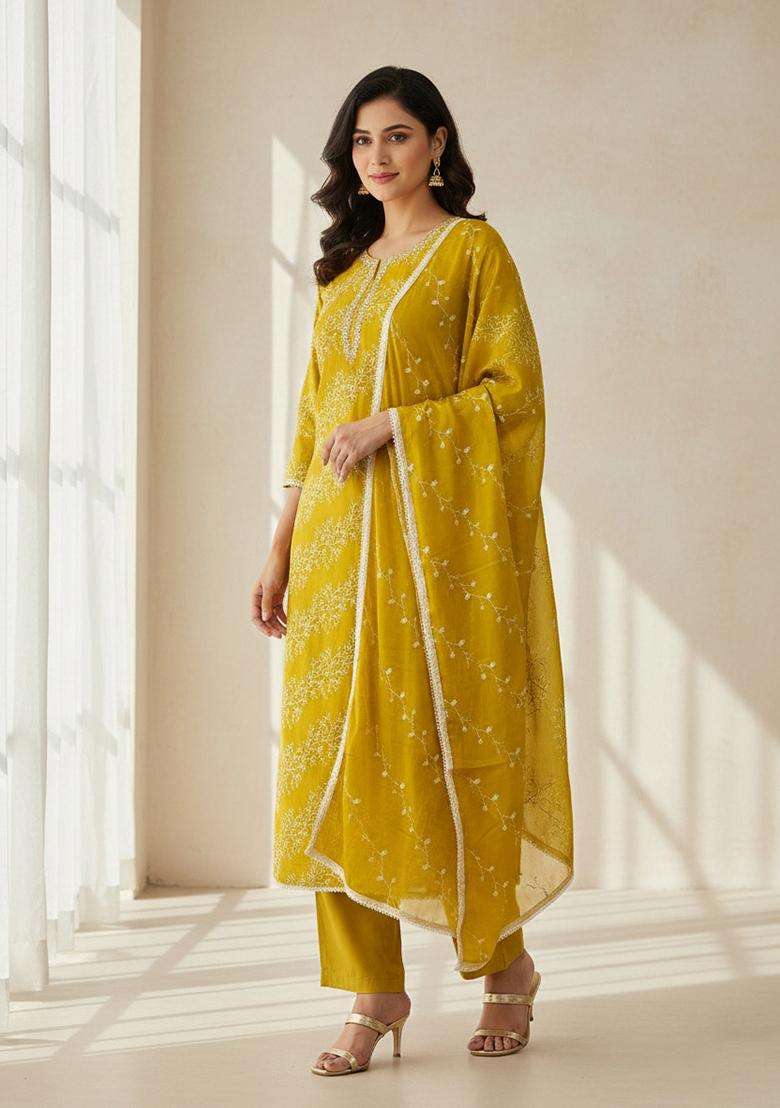 Light Green Embroidery Cotton Salwar Kameez - Indya