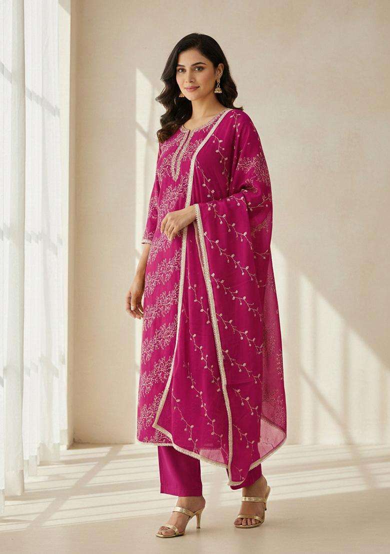 Pink Embroidery Cotton Salwar Kameez - Indya