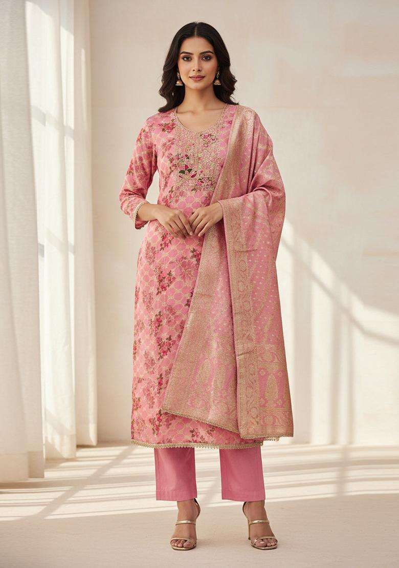 Pink Embroidery Silk Salwar Kameez - Indya