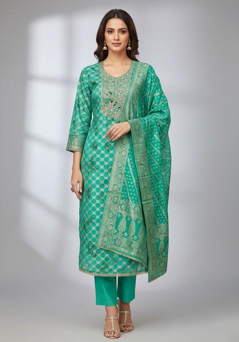Sea Green Embroidery Silk Salwar Kameez