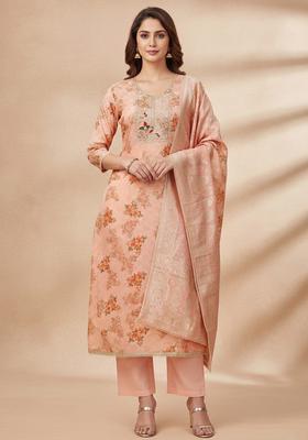 Peach Embroidery Silk Salwar Kameez