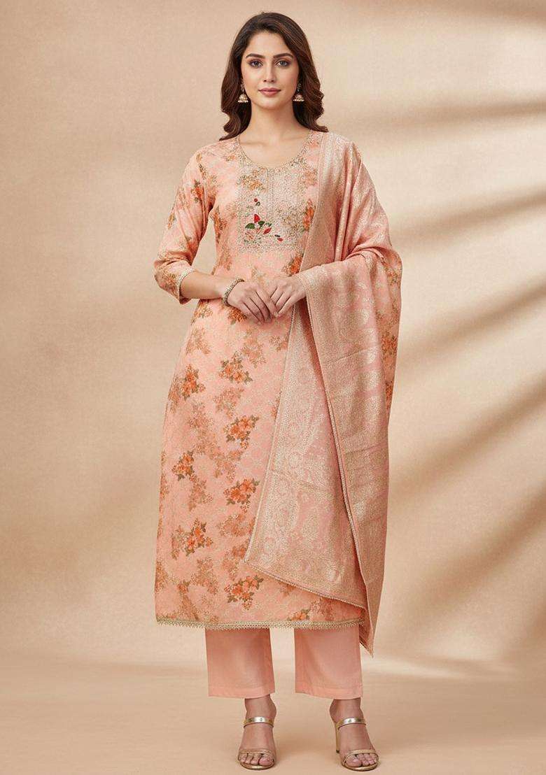 Peach Embroidery Silk Salwar Kameez - Indya