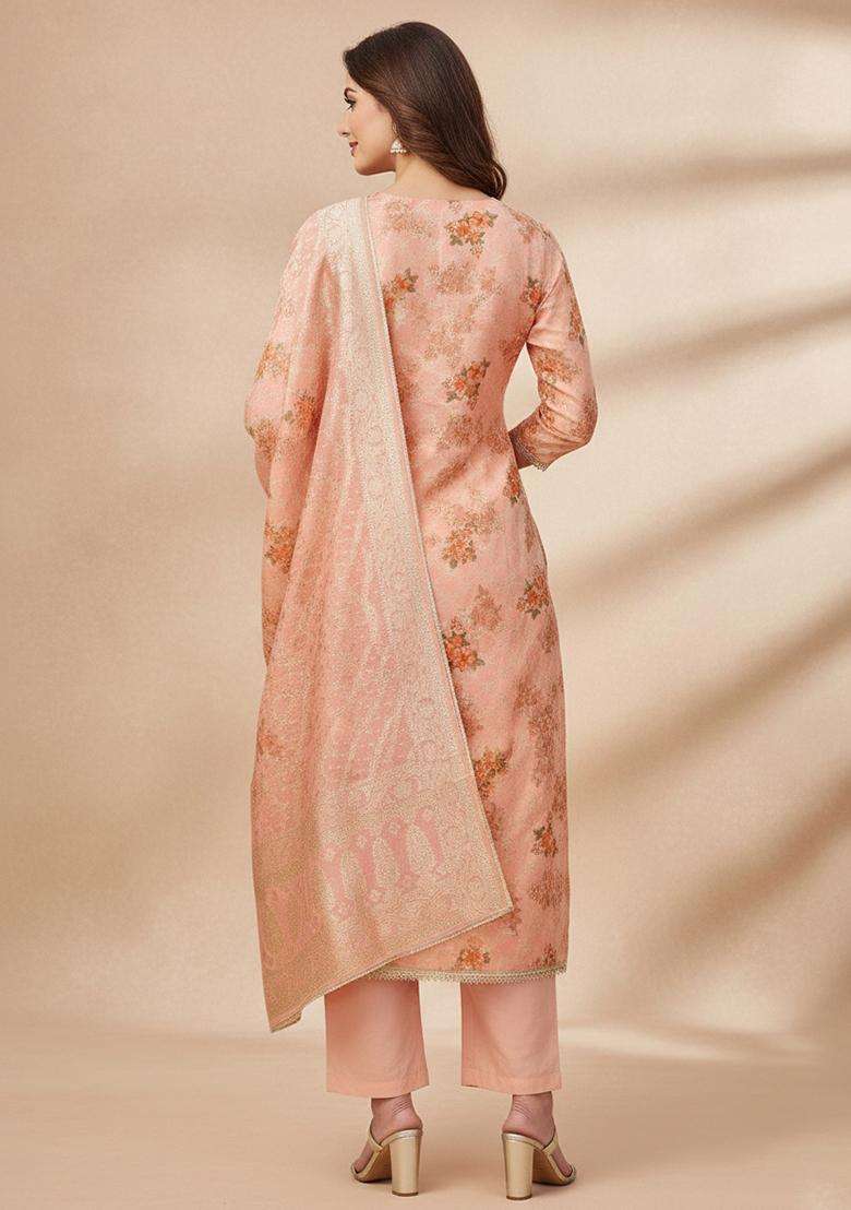 Peach Embroidery Silk Salwar Kameez - Indya