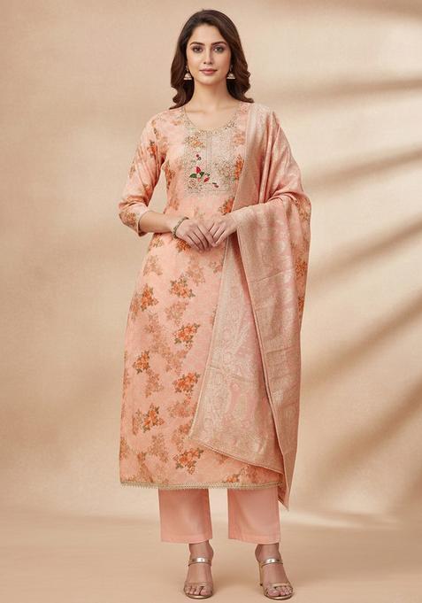 Peach Embroidery Silk Salwar Kameez