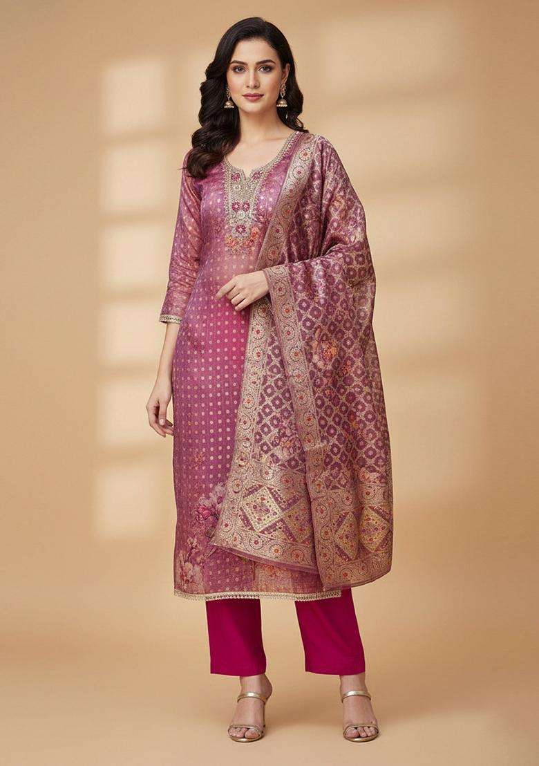 Pink Embroidery Organza Salwar Kameez - Indya
