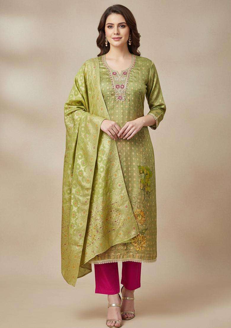 Light Green Embroidery Organza Salwar Kameez - Indya