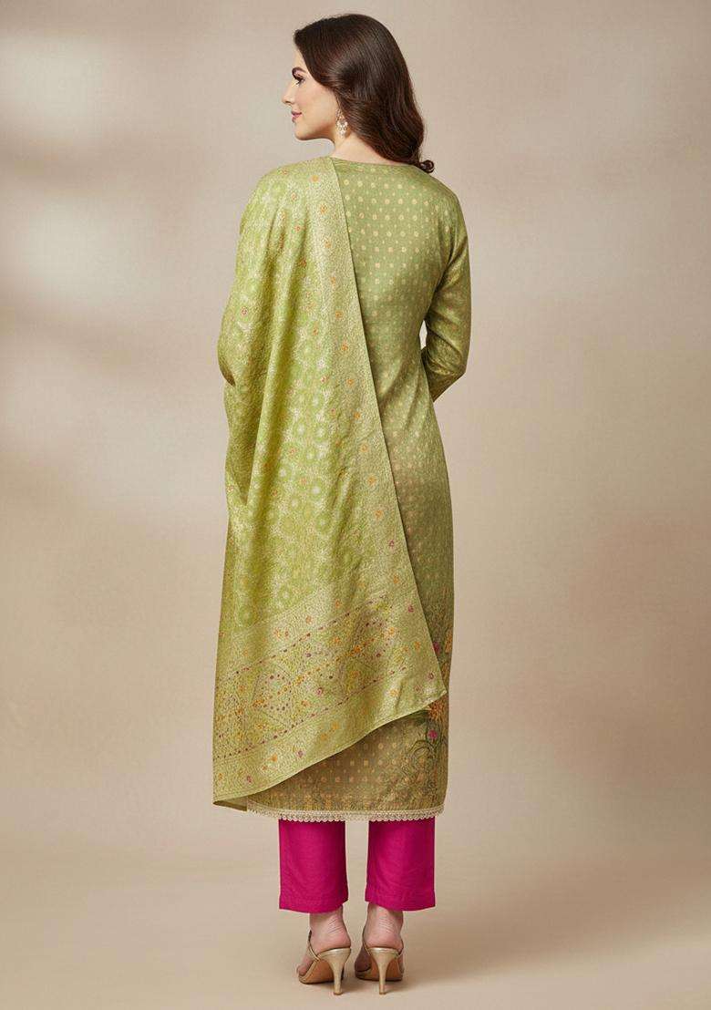 Light Green Embroidery Organza Salwar Kameez - Indya