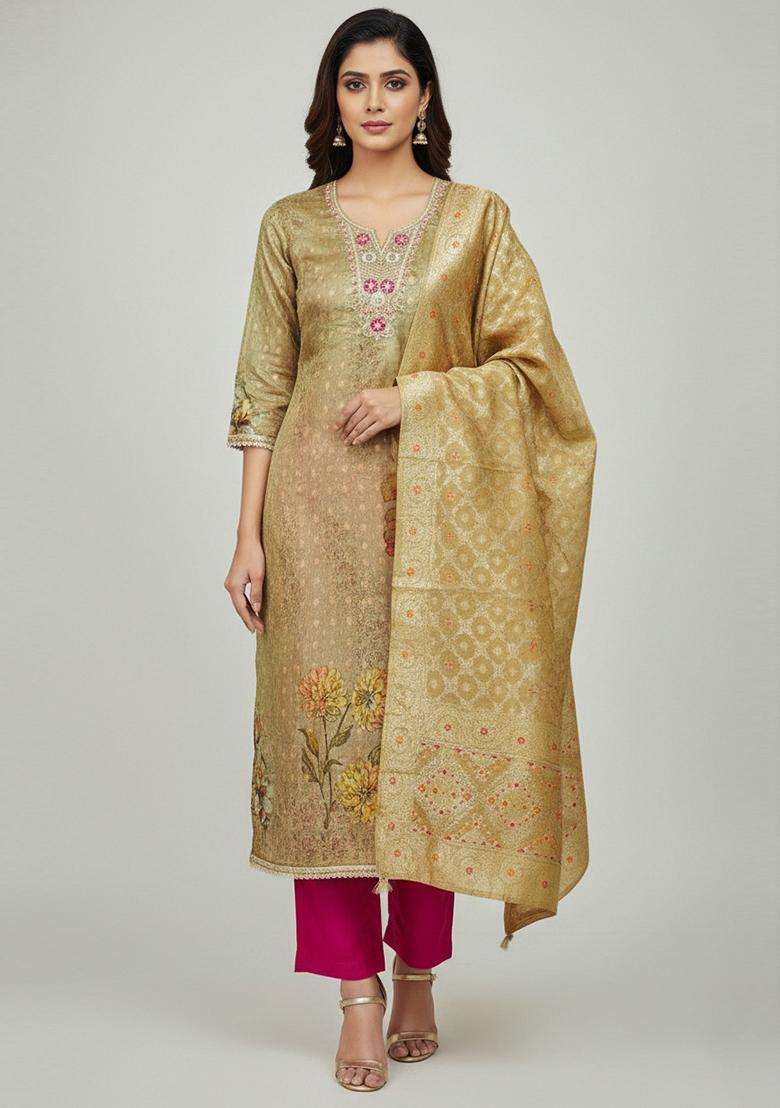 Light Brown Embroidery Organza Salwar Kameez - Indya