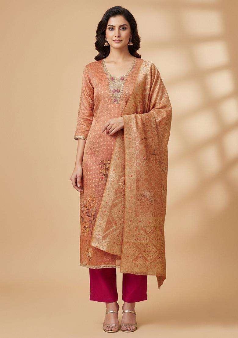 Peach Embroidery Organza Salwar Kameez - Indya