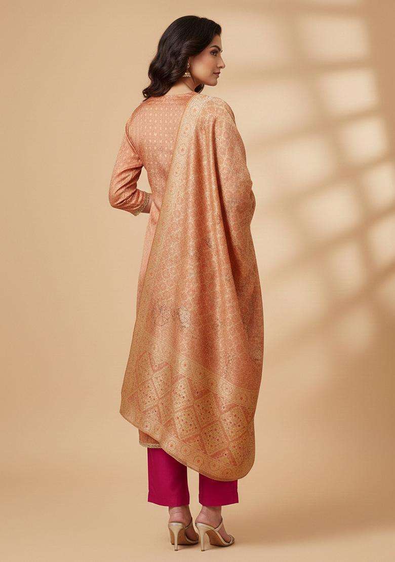 Peach Embroidery Organza Salwar Kameez - Indya