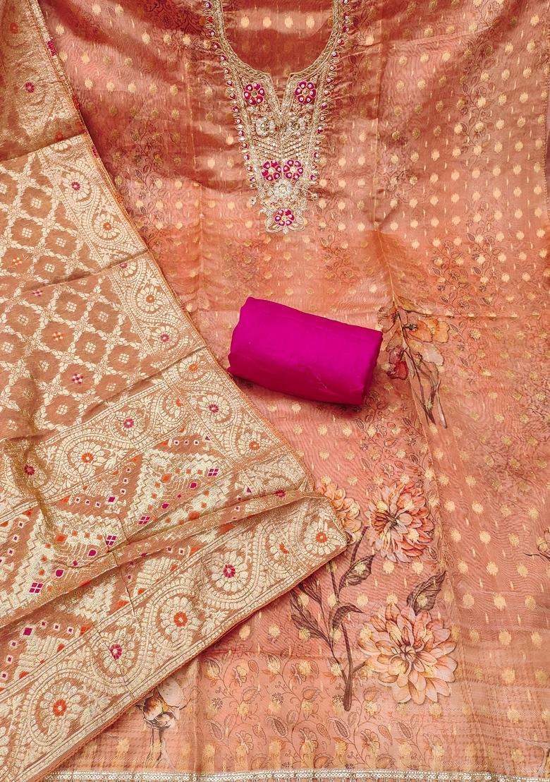 Peach Embroidery Organza Salwar Kameez - Indya