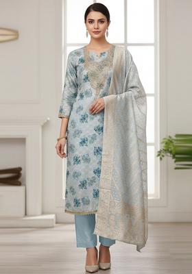 Sky Blue Embroidery Silk Salwar Kameez