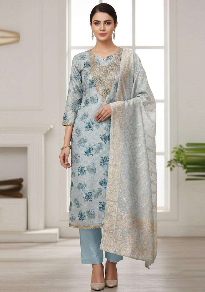 Sky Blue Embroidery Silk Salwar Kameez - Indya