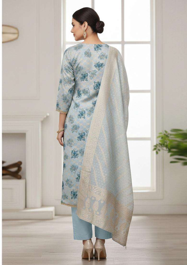 Sky Blue Embroidery Silk Salwar Kameez - Indya
