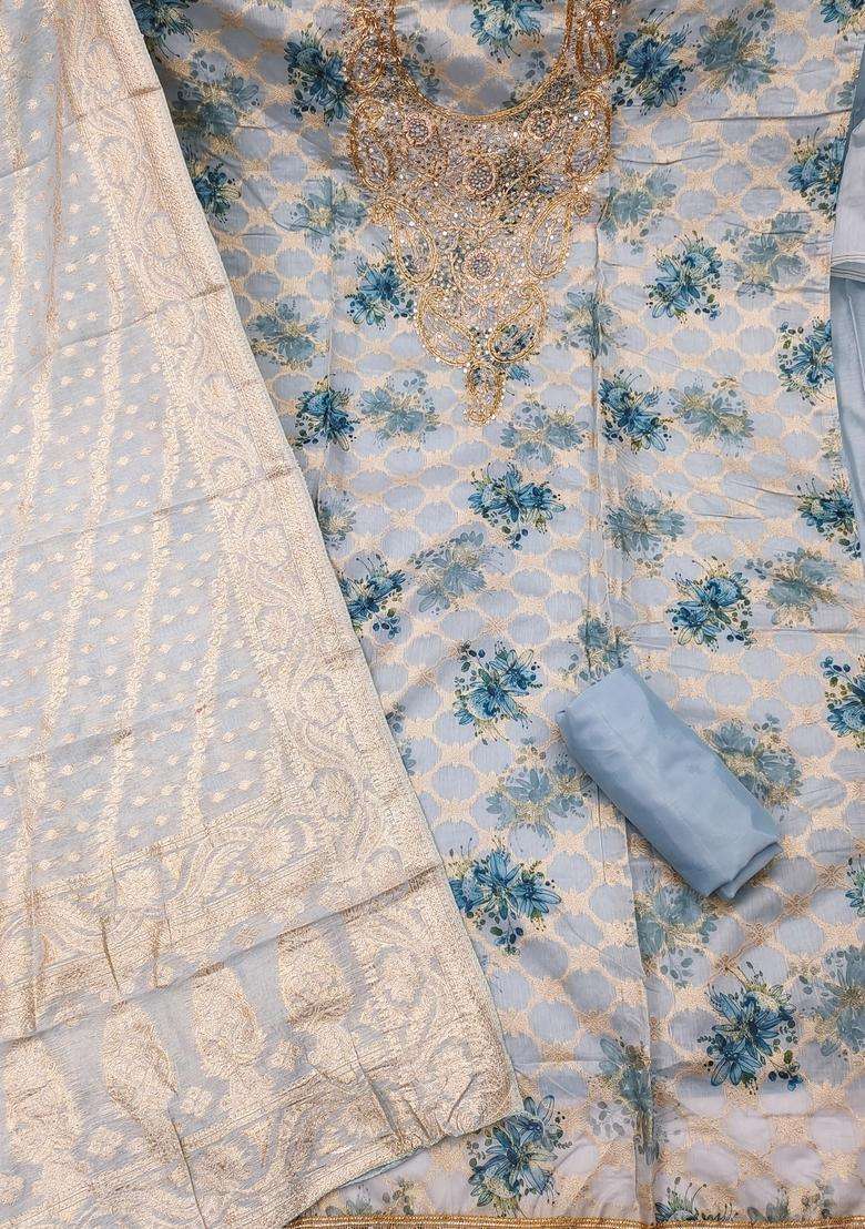 Sky Blue Embroidery Silk Salwar Kameez - Indya