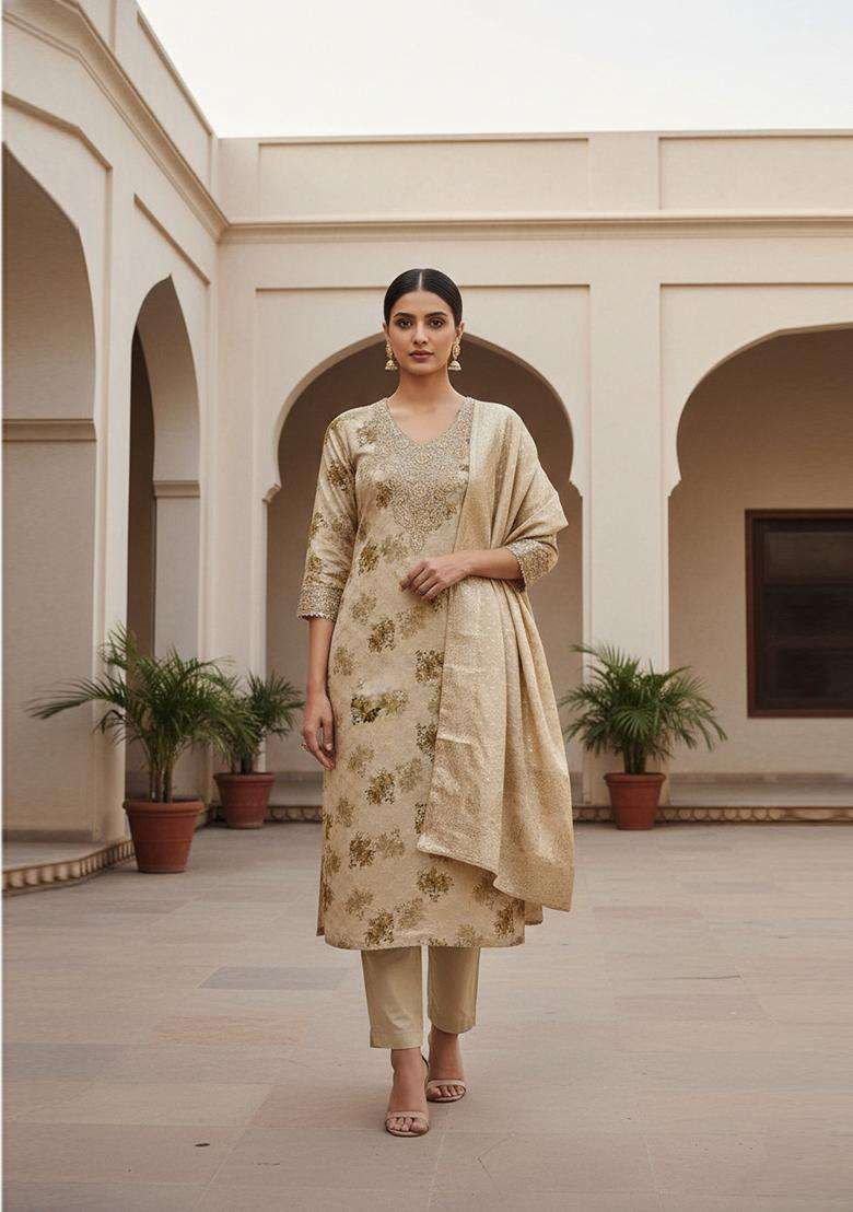 Beige Embroidery Silk Salwar Kameez - Indya
