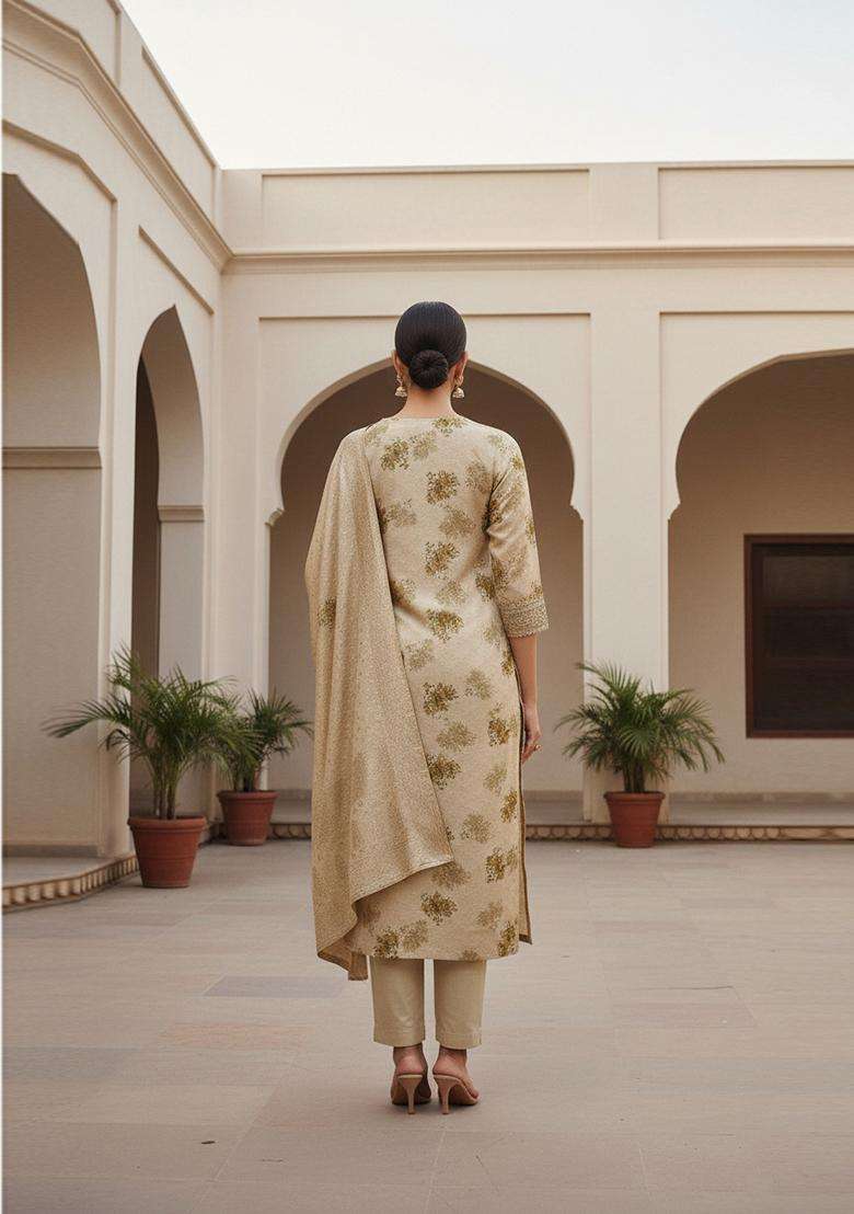 Beige Embroidery Silk Salwar Kameez - Indya