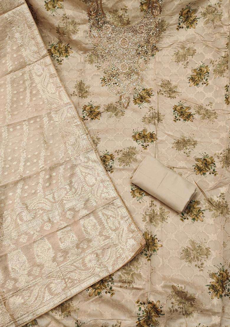 Beige Embroidery Silk Salwar Kameez - Indya