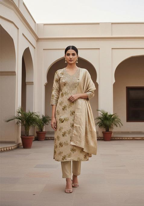 Beige Embroidery Silk Salwar Kameez