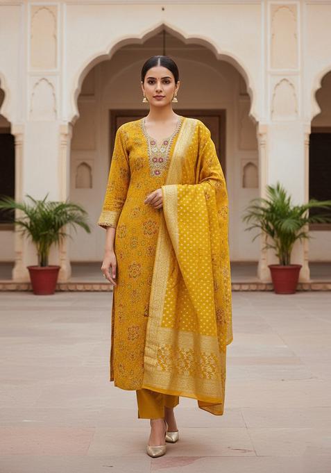 Yellow Embroidery Cotton Salwar Kameez