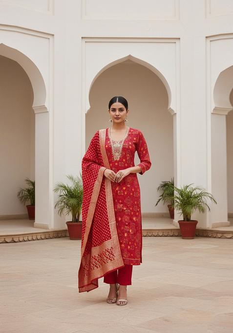 Red Embroidery Cotton Salwar Kameez