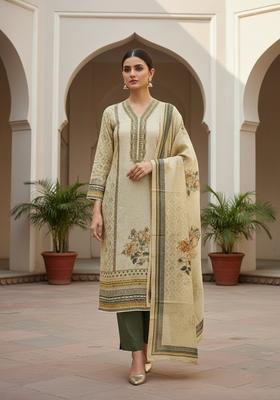 Beige Embroidery Silk Salwar Kameez