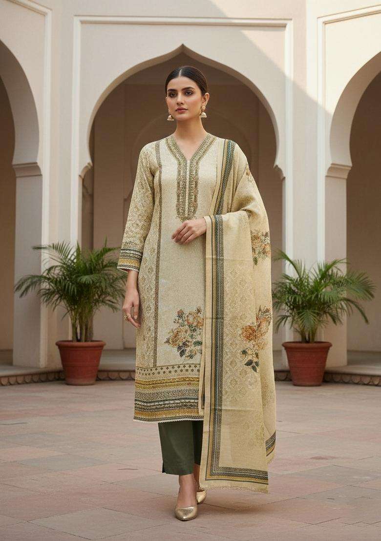 Beige Embroidery Silk Salwar Kameez - Indya
