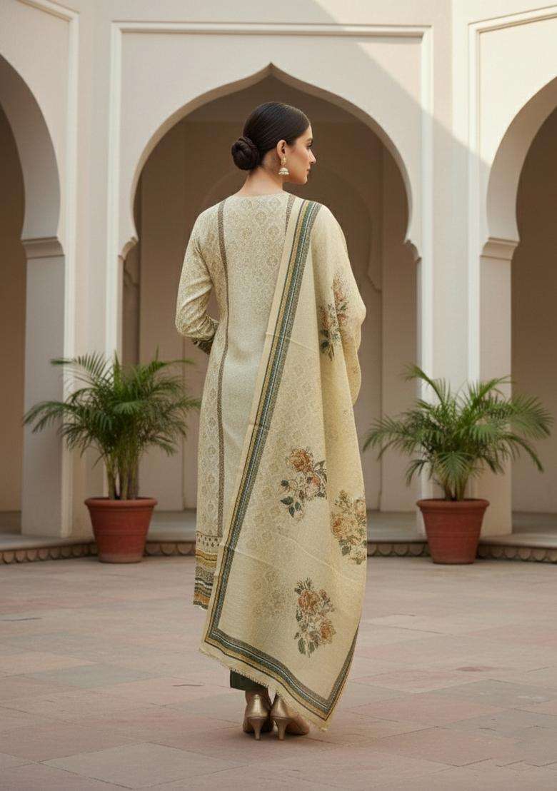 Beige Embroidery Silk Salwar Kameez - Indya