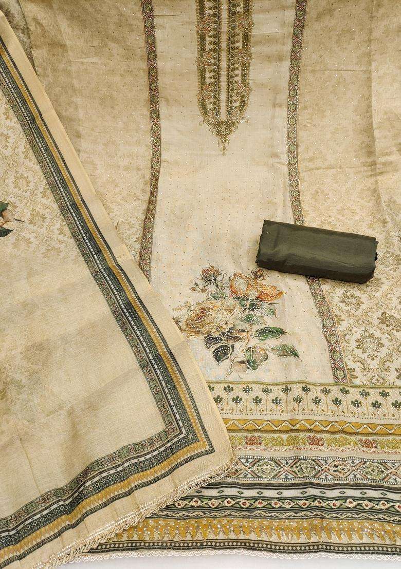 Beige Embroidery Silk Salwar Kameez - Indya