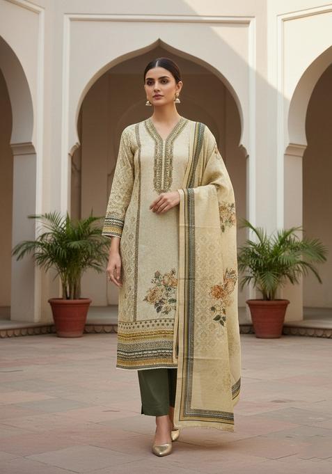 Beige Embroidery Silk Salwar Kameez