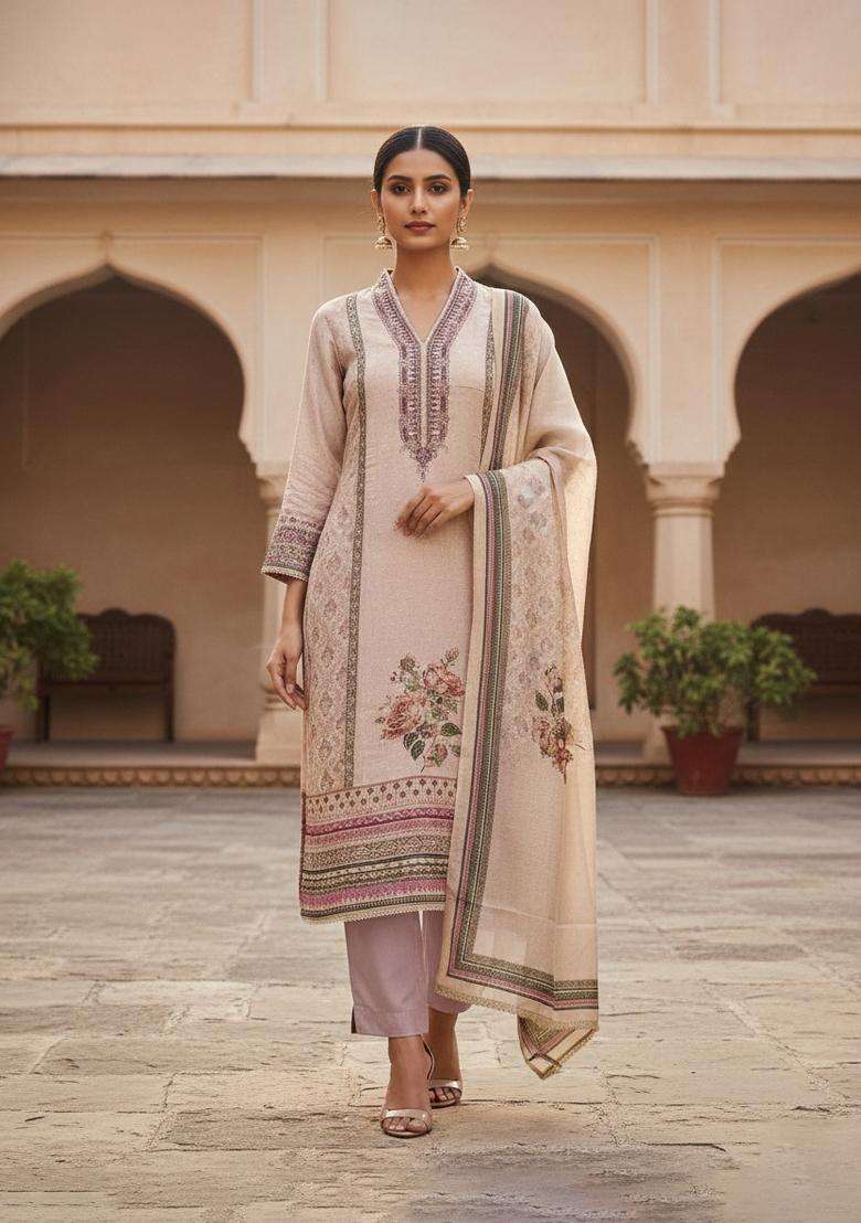 Beige Embroidery Silk Salwar Kameez - Indya