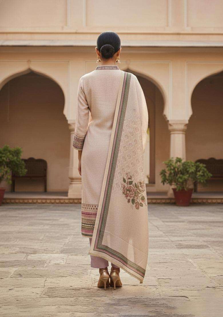 Beige Embroidery Silk Salwar Kameez - Indya